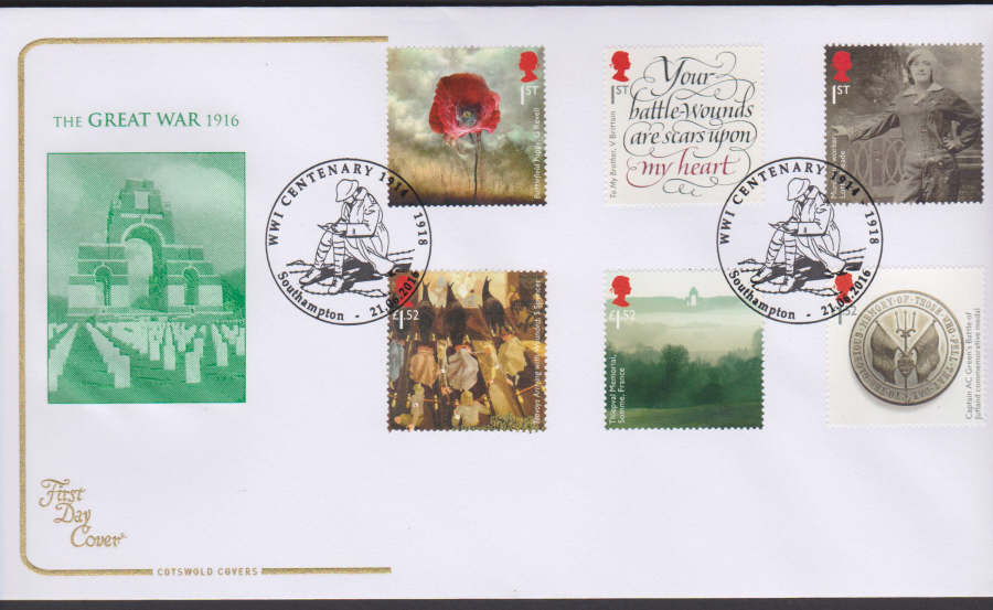 2016 - The Great War 1916, COTSWOLD First Day Cover, Centenary of the First World War, SOUTHAMPTON Postmark